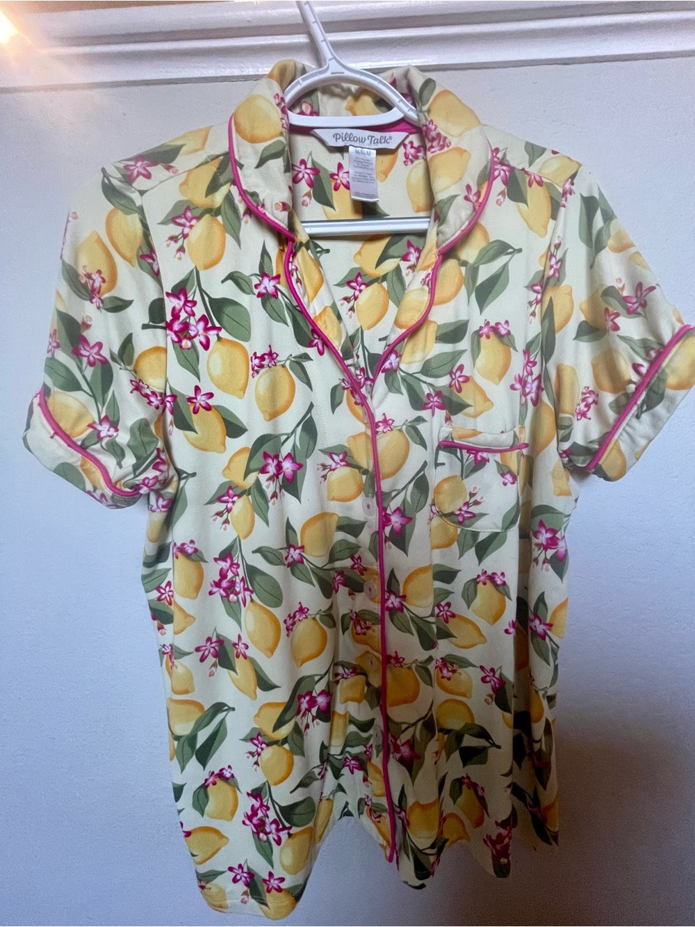 Pillow Talk Women’s Yellow Lemon Print Short Sleeve Shirt Pajama Shorts Set